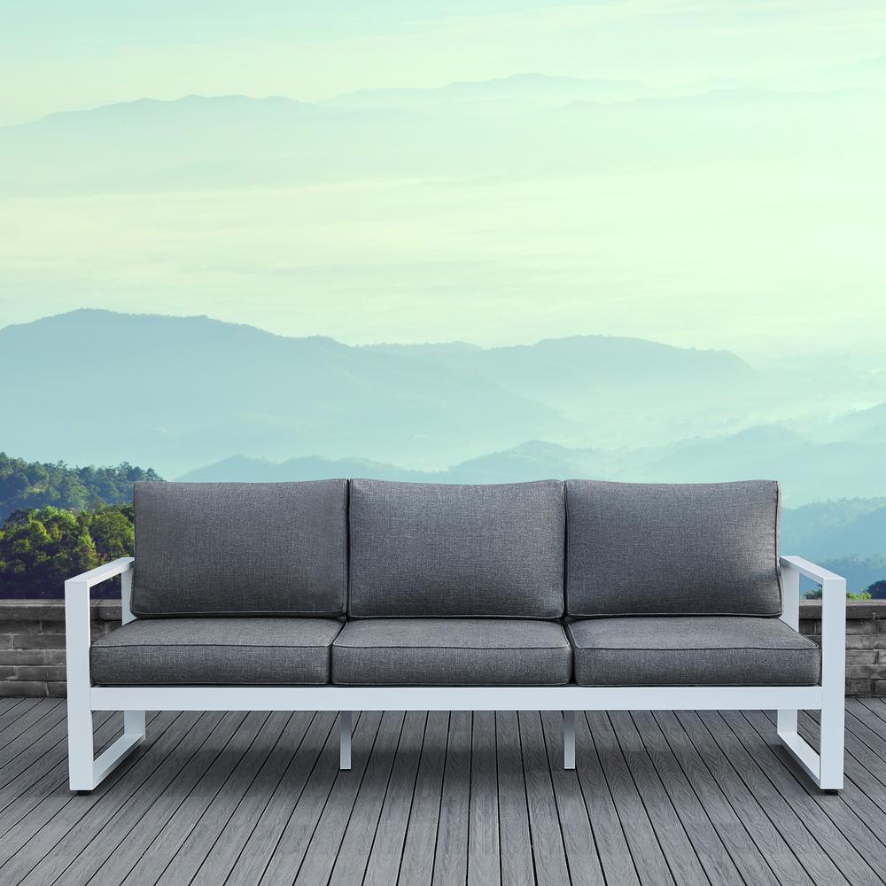 real flame baltic white aluminum outdoor sofa with gray cushions LRVJAOG