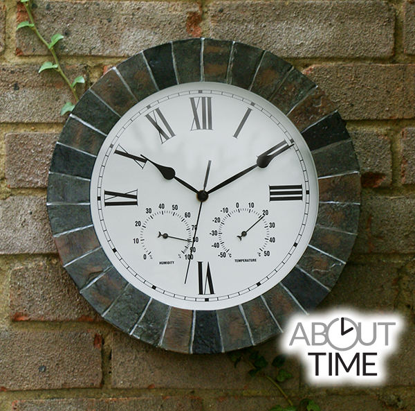 slate effect outdoor garden clock with thermometer - 35.5cm (14 QJRPPEQ