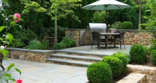 wellesley, ma - tiered stone patio with grill and boxwoods, landscape design ZDDHLXS