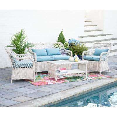 white patio furniture lakeland 4-piece wicker patio conversation set with spa blue cushions ROJXDMT