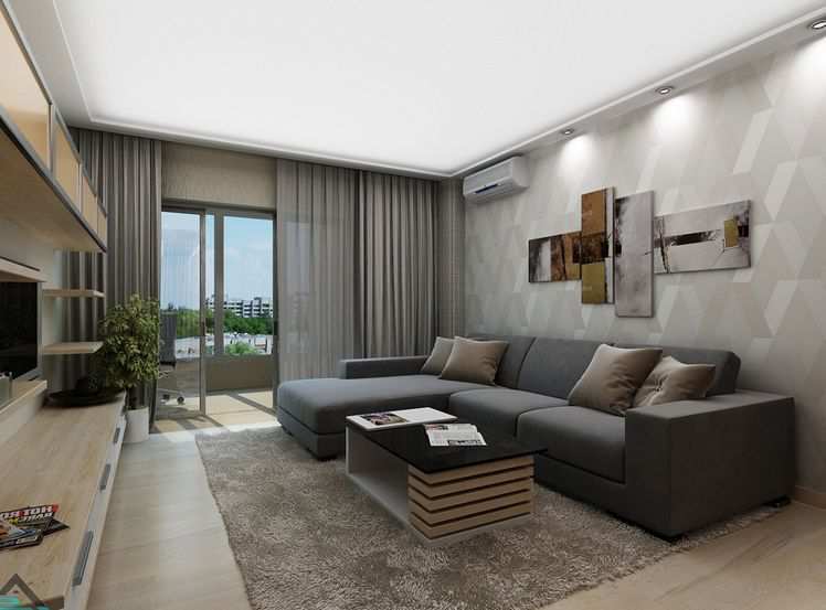Grey Theme Color Apartment Livingroom Design with Air Conditioning
