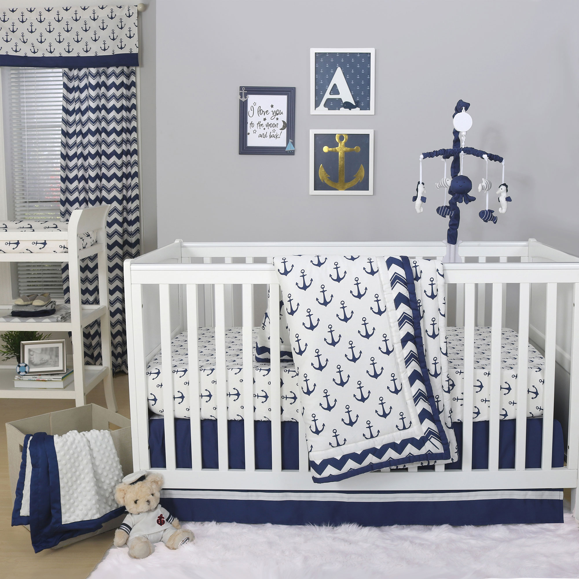 Anchor Nautical 4 Piece Baby Boy Crib Bedding Set in Navy Blue by