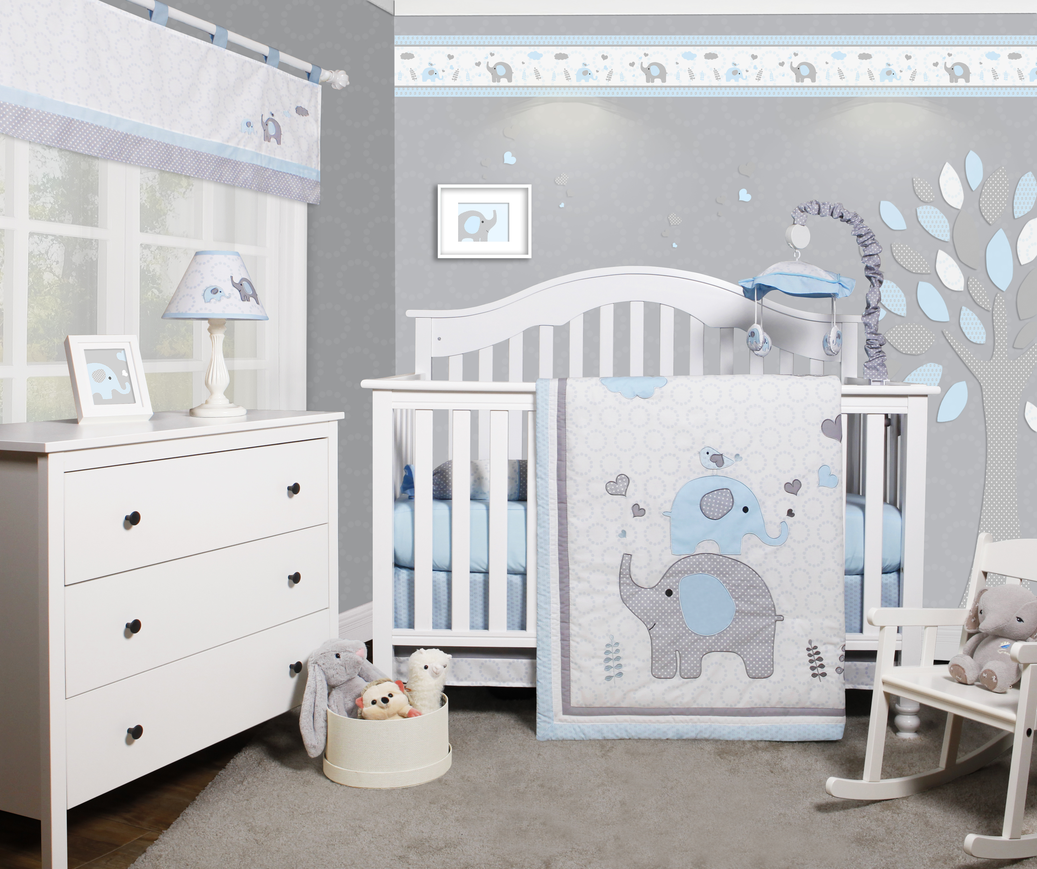 OptimaBaby Blue Grey Elephant 6 Piece Baby Nursery Crib Bedding Set