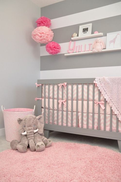 pink and grey elephant girly nursery ideas. how sweet is this gray