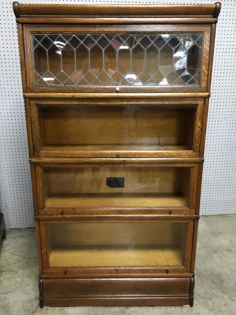 Solid Oak 4 Stack Leaded Glass Barrister Bookcase