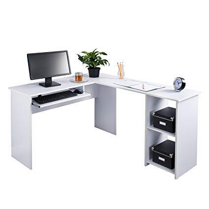 Fineboard L-Shaped Office Corner Desk 2 Side Shelves (White)