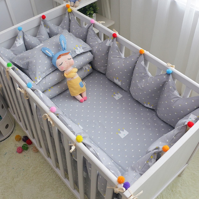 6pcs/set Cotton Baby Cot Bedding Set Grey Crown Crib Bedding Toddler