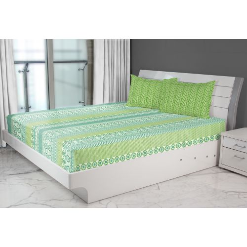 Buy Fiesta Stripe Cotton Double Bed Sheets in Green Colour by Living