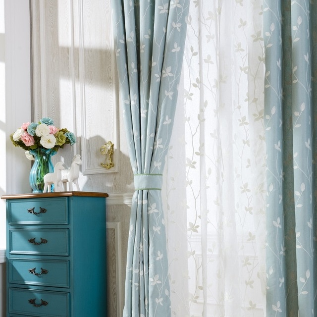 Slow Soul]Cotton Embroidered Curtains Light Blue White Leaves Window