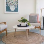 Home office, study off bedroom, round coffee table, circle jute rug