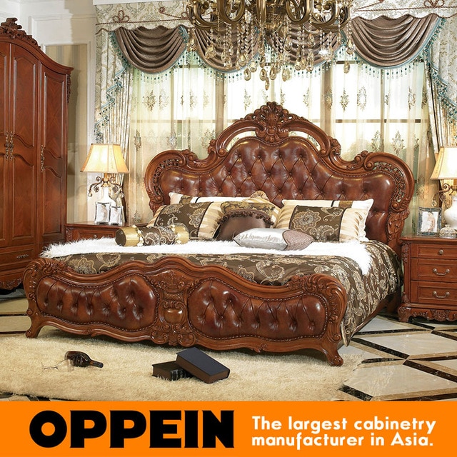 Luxury and Traditional Solid Wood Bed With Brown Leather bedroom