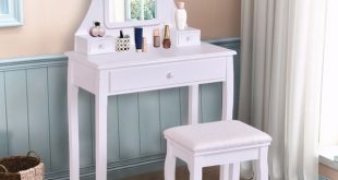 Goplus White Makeup Dressing Table Vanity Desk and Stool Set with