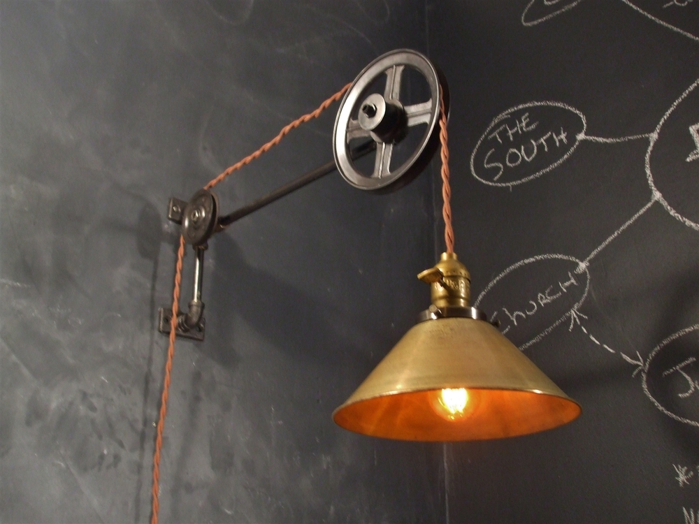 Vintage Industrial Pulley Lamp - Large (w/ Brass Cone Shade) u2014 DW