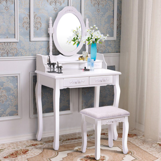 Wood White Vanity Makeup Dressing Table Set with Stool 7