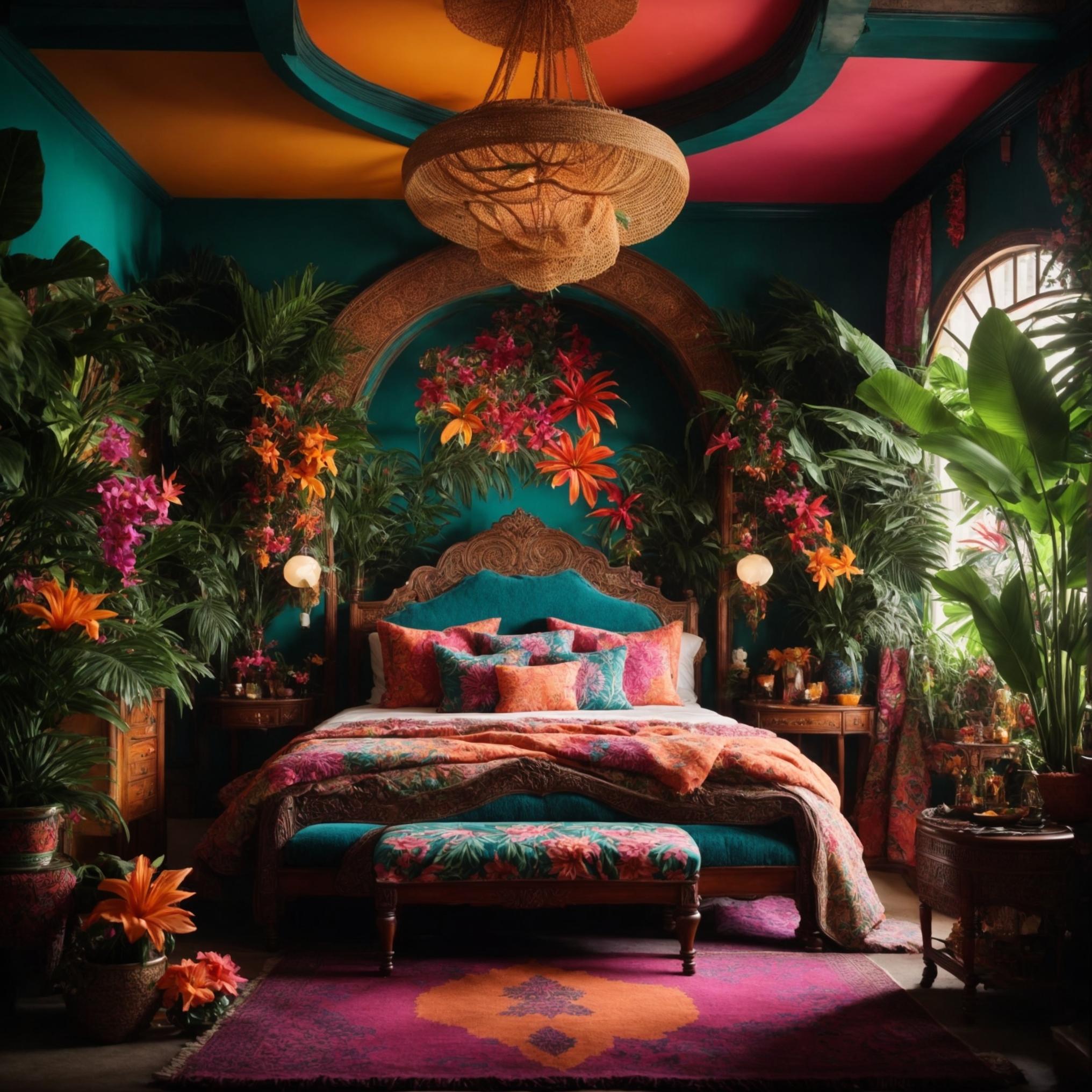 Tropical bedroom: Lush plants ‌and ​vibrant colors evoke ⁢a vacation feel