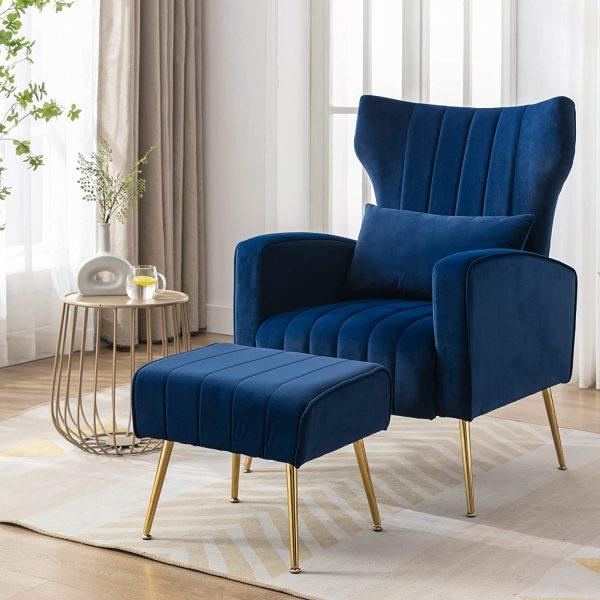 Build a focal point with a bold blue accent chair in your living room