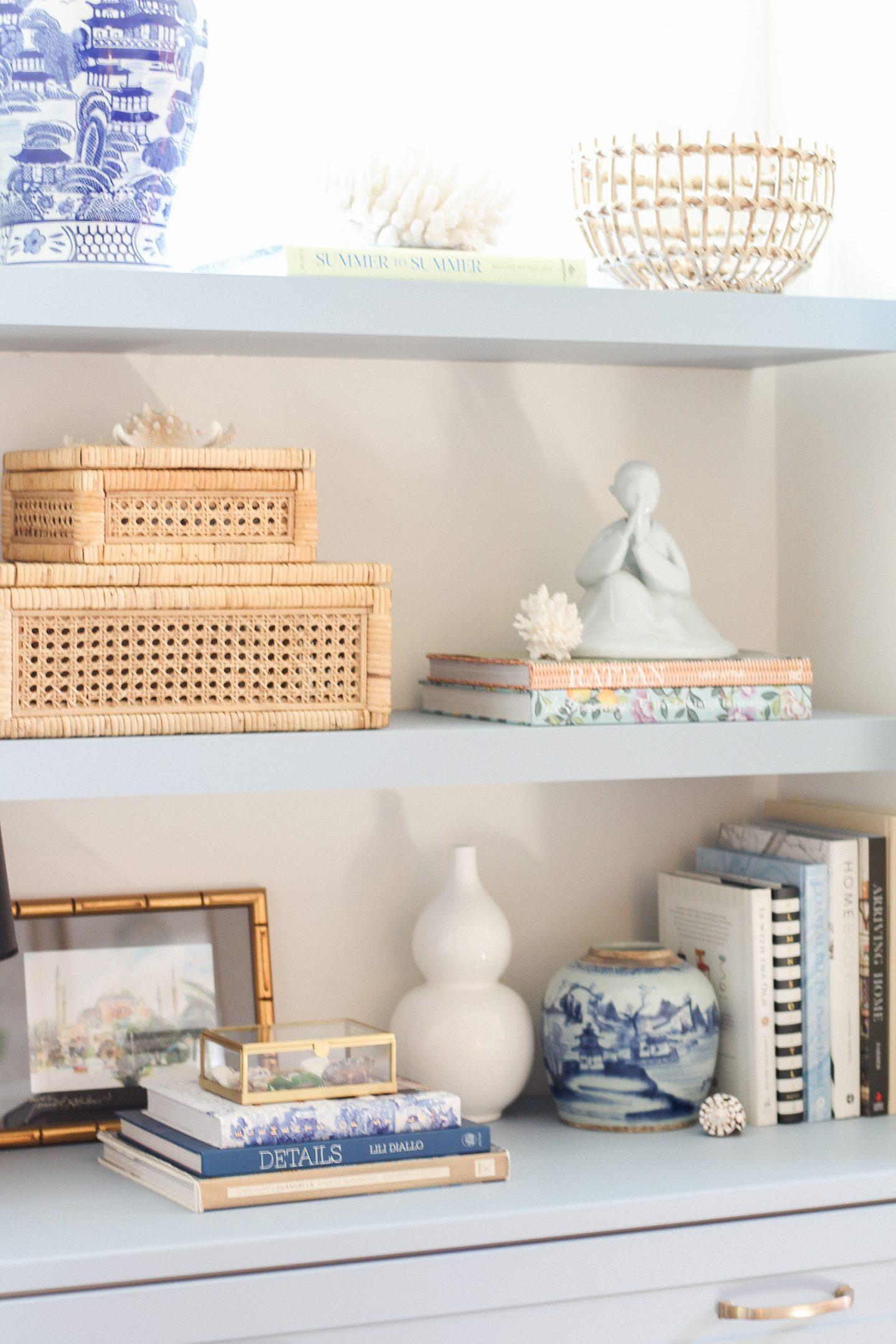 Utilize open shelving to display blue ​decor items tastefully