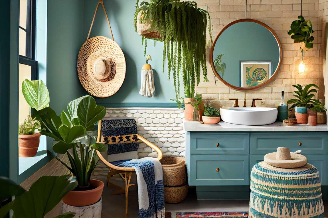 Personalize with travel-inspired decor for a unique boho bathroom touch