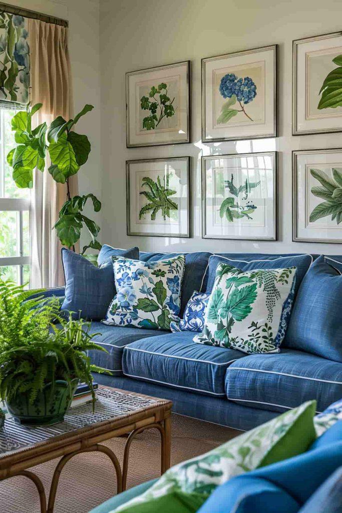 Add greenery to enhance tranquility in your blue living room