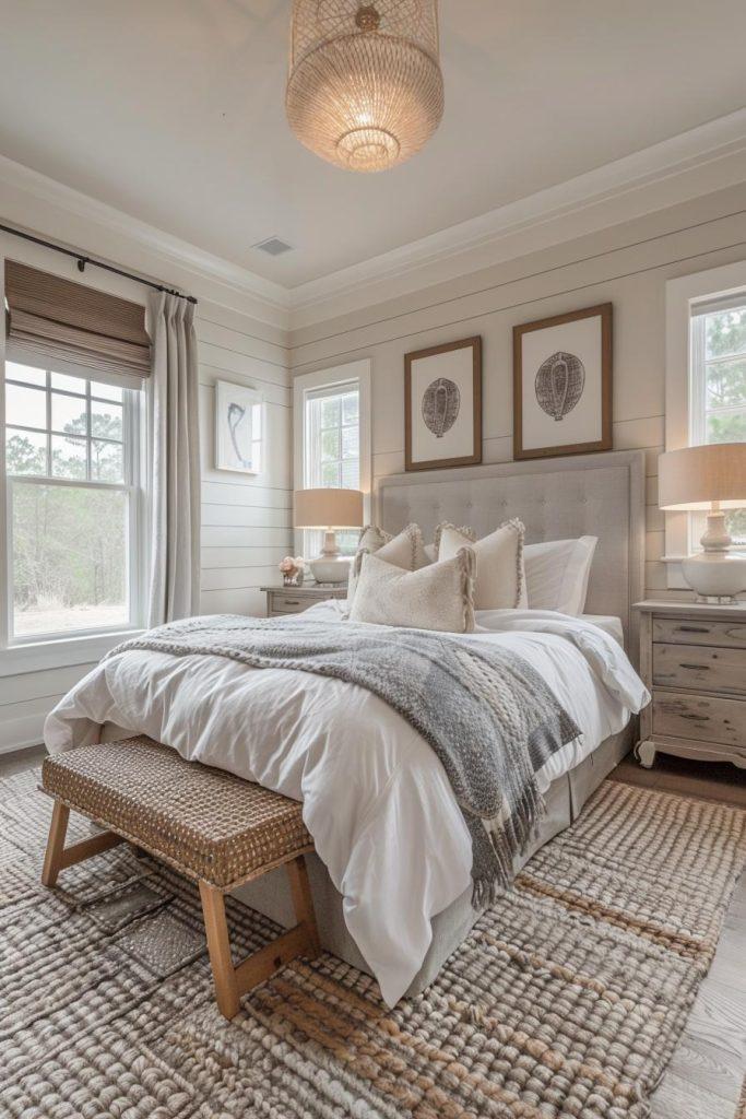 Farmhouse bedroom: Cozy simplicity with⁢ shiplap walls and ‍warm lighting