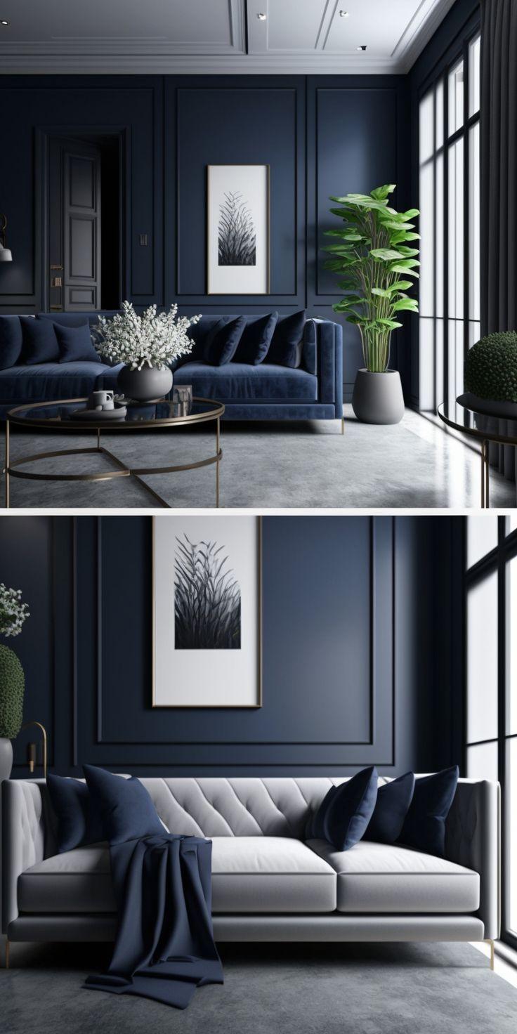 Chic navy accents elevate a serene blue living room atmosphere