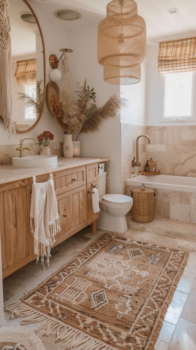 Create a soothing ambiance with soft‍ lighting​ in the boho bathroom