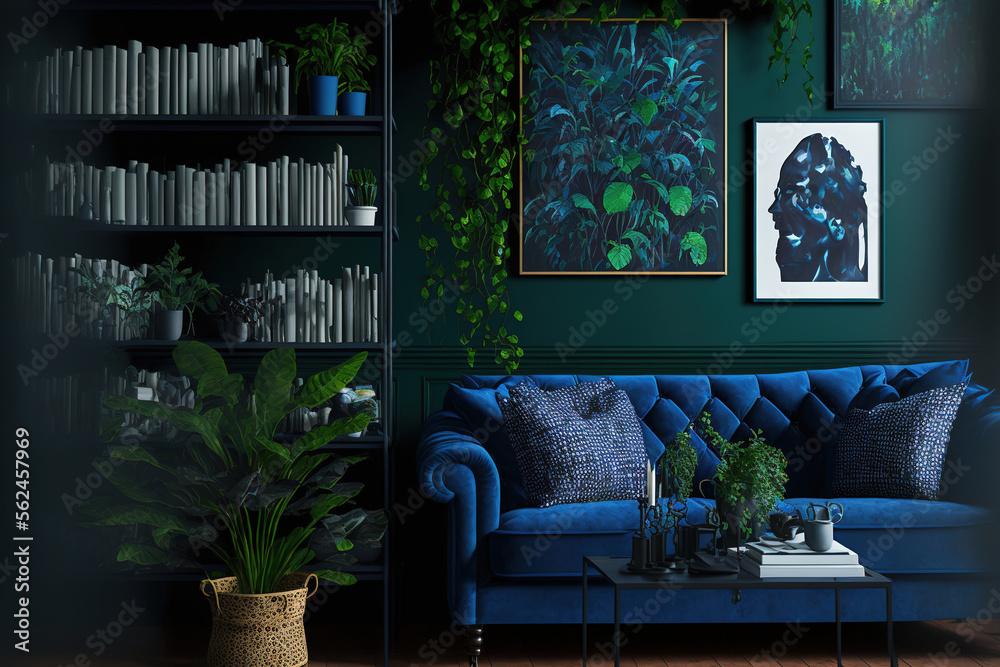 Add greenery with plants to brighten your blue living room’s vibe