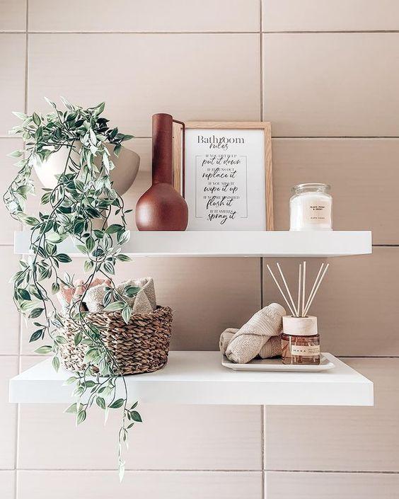 Use open shelving to display treasures in your boho bathroom