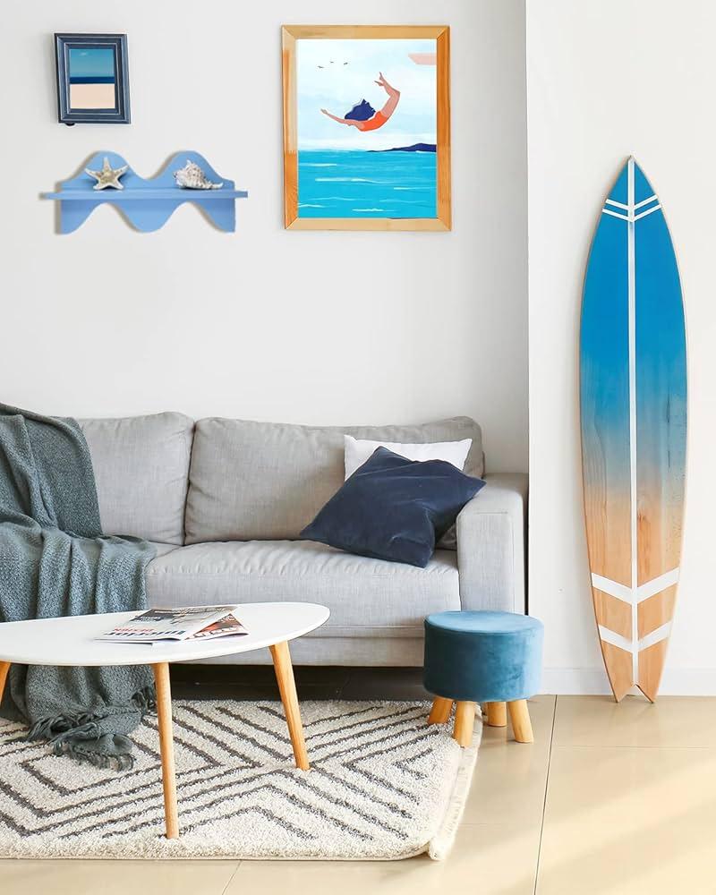 Install funky shelves painted in blue for unique decor⁤ in your living room