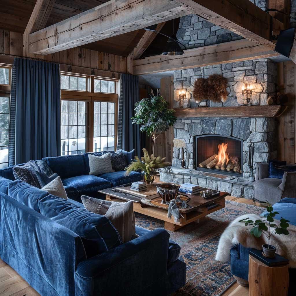 Rustic ⁣elements harmonize well in a blue ⁣living room