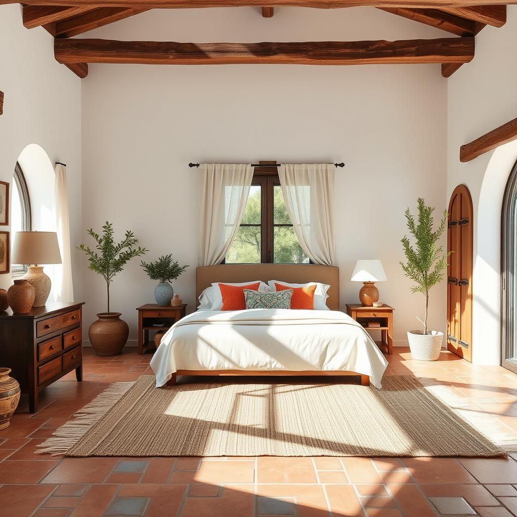 Mediterranean bedroom: Earthy tones and terracotta elements bring warmth and ‌tranquility