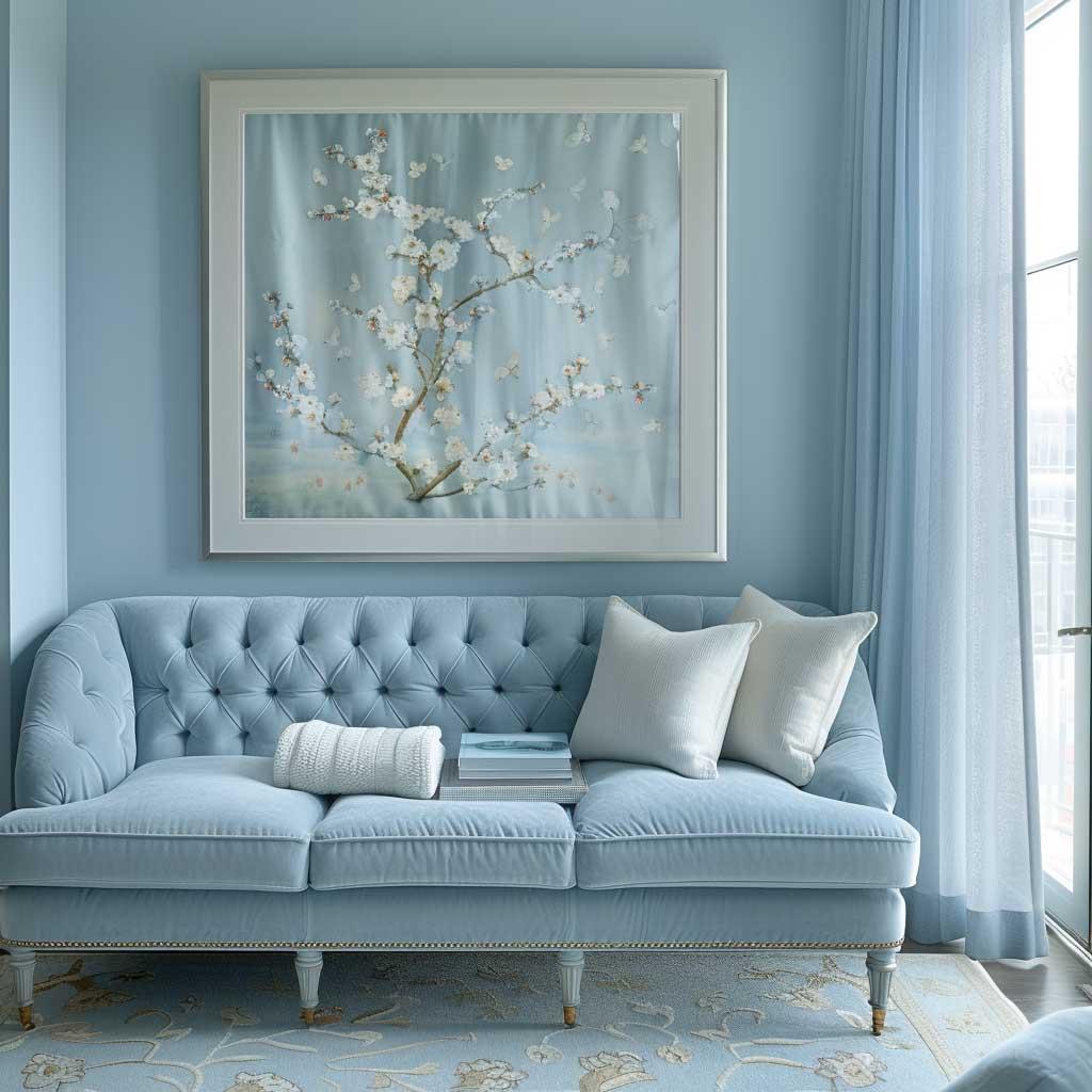 Soft‍ pastel blue living room creates a calming retreat