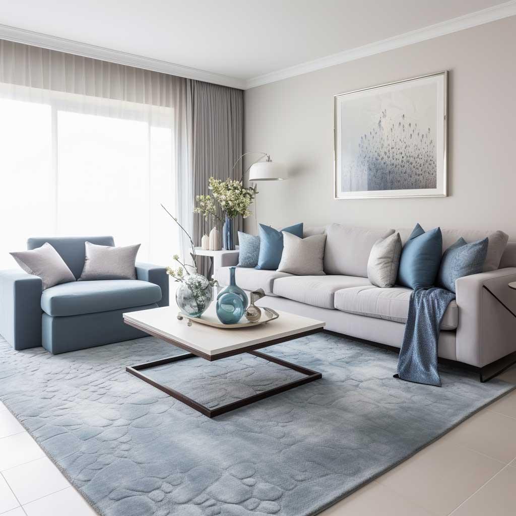 A grey-blue living room design offers understated elegance