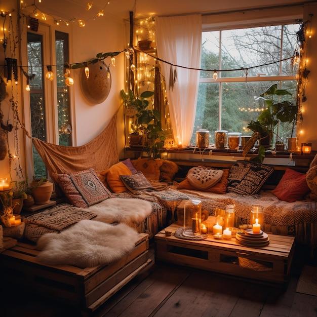 Hang fairy lights to create a magical ambiance in your Boho Living Room