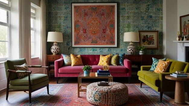 Layer bold patterns and textures to create depth in your eclectic living room