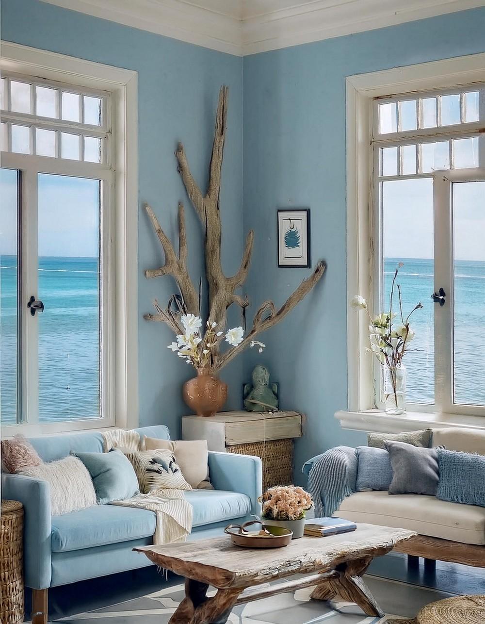 Select driftwood accents to complement your blue living‍ room theme