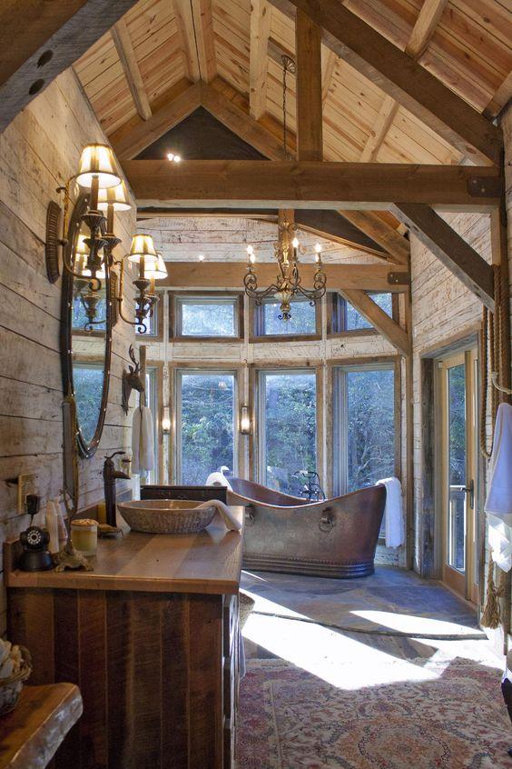 Rustic wood beams‍ enhance the‍ warmth of your Chalet ⁤Bathroom