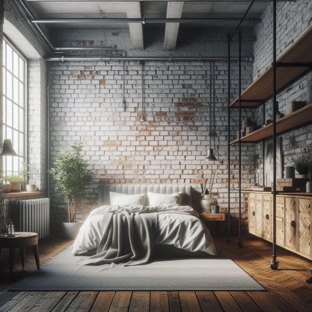 Industrial Bedroom: Expose brick and metal for an urban edge