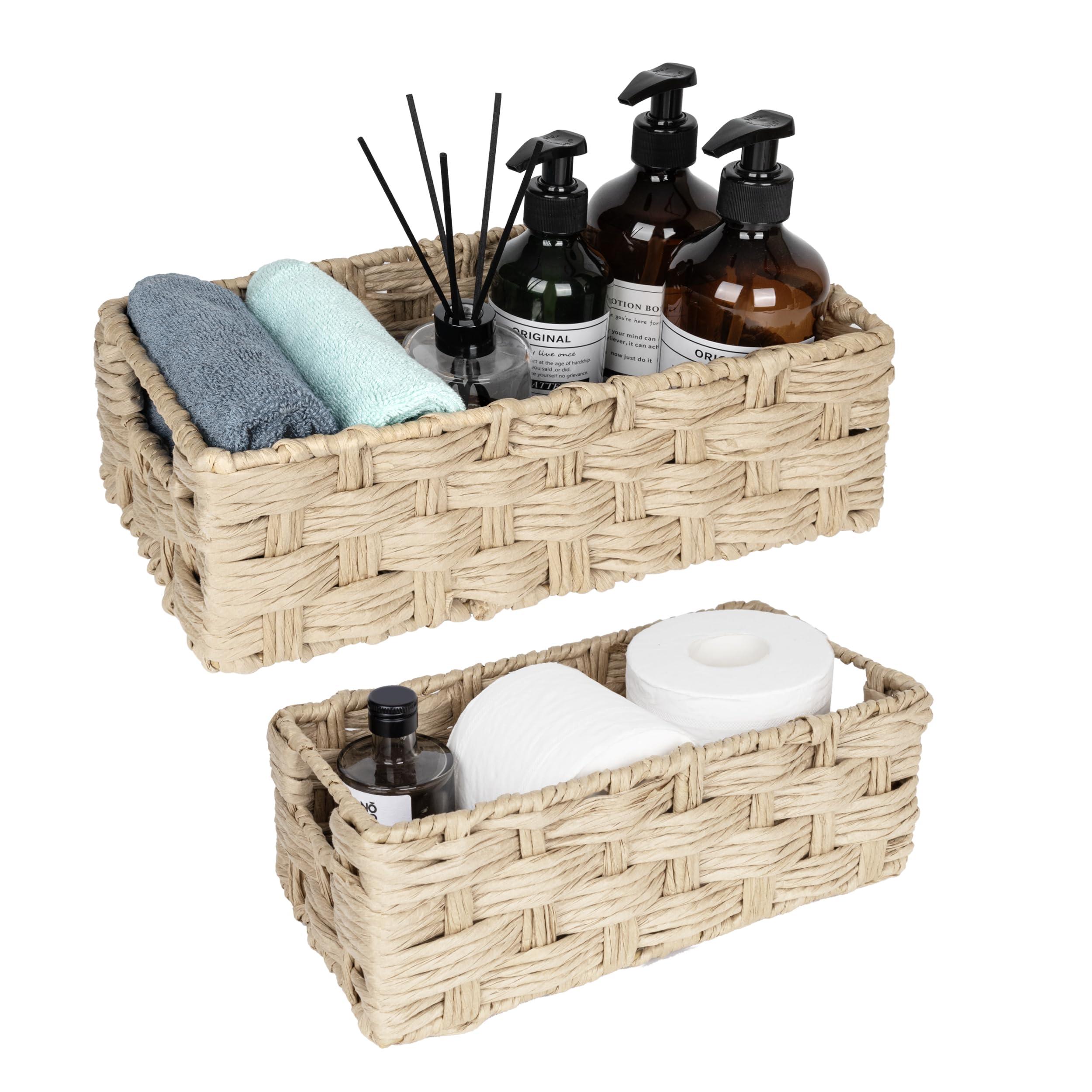 Rattan storage baskets for an organized boho bathroom look