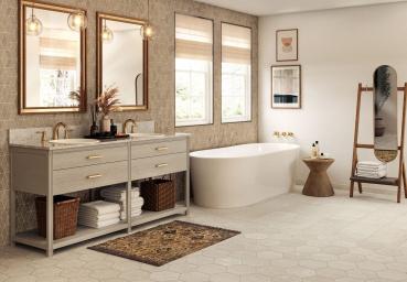 Choose patterned floor tiles for a vibrant boho bathroom statement