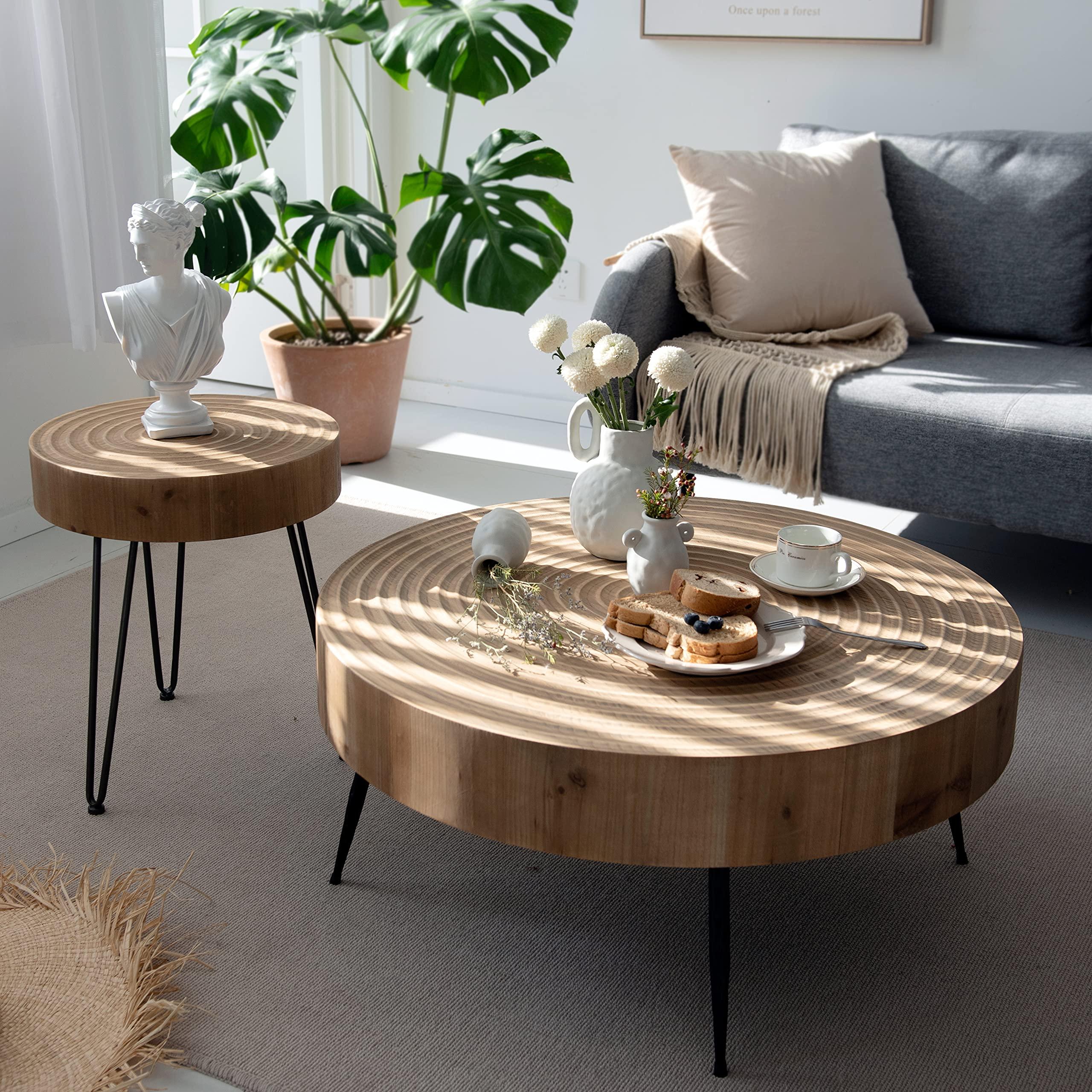 Use a round, wooden ‍coffee table to soften edges in your earthy living room