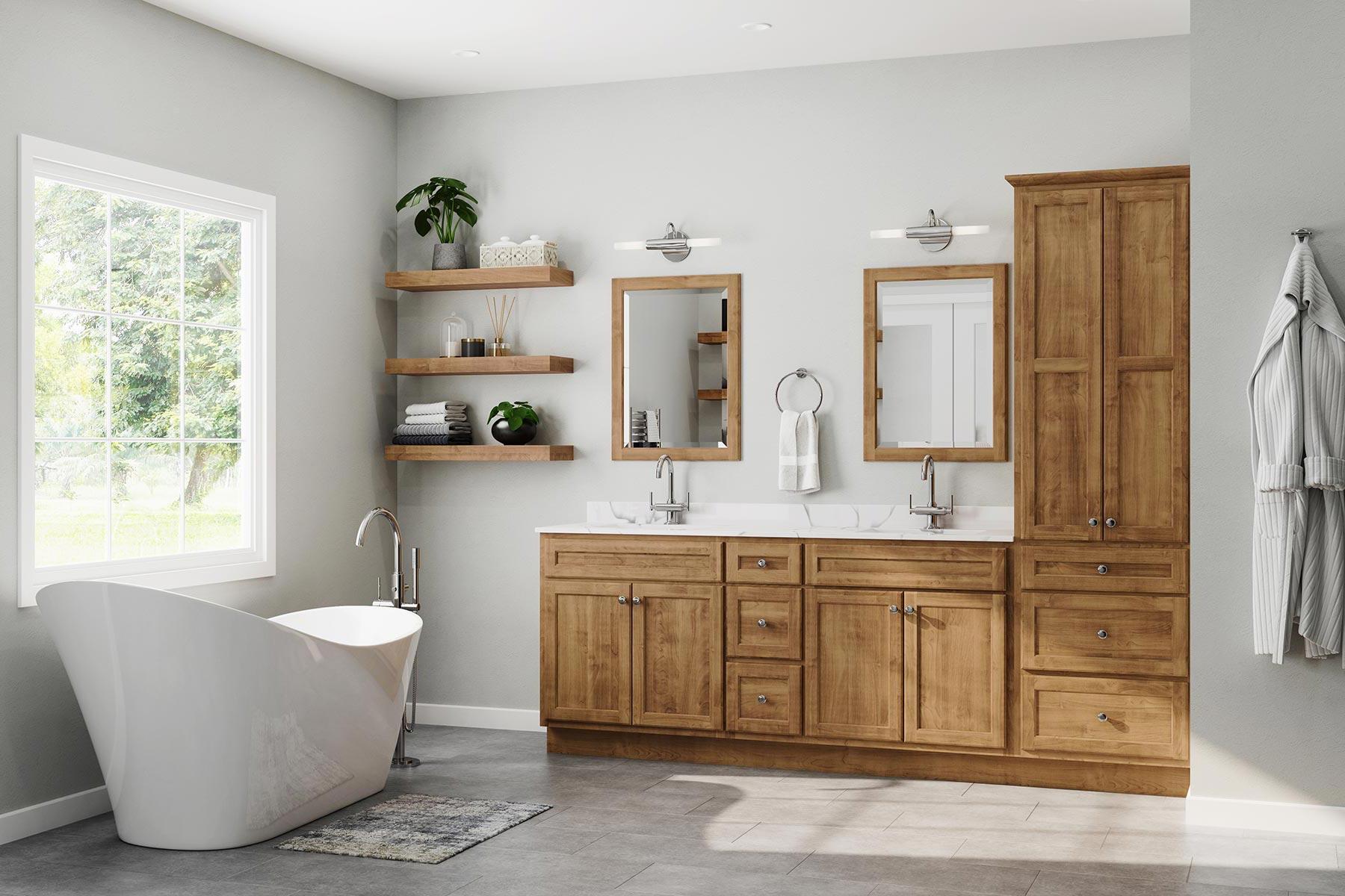 Use warm wood tones to foster relaxation in your wooden bathroom