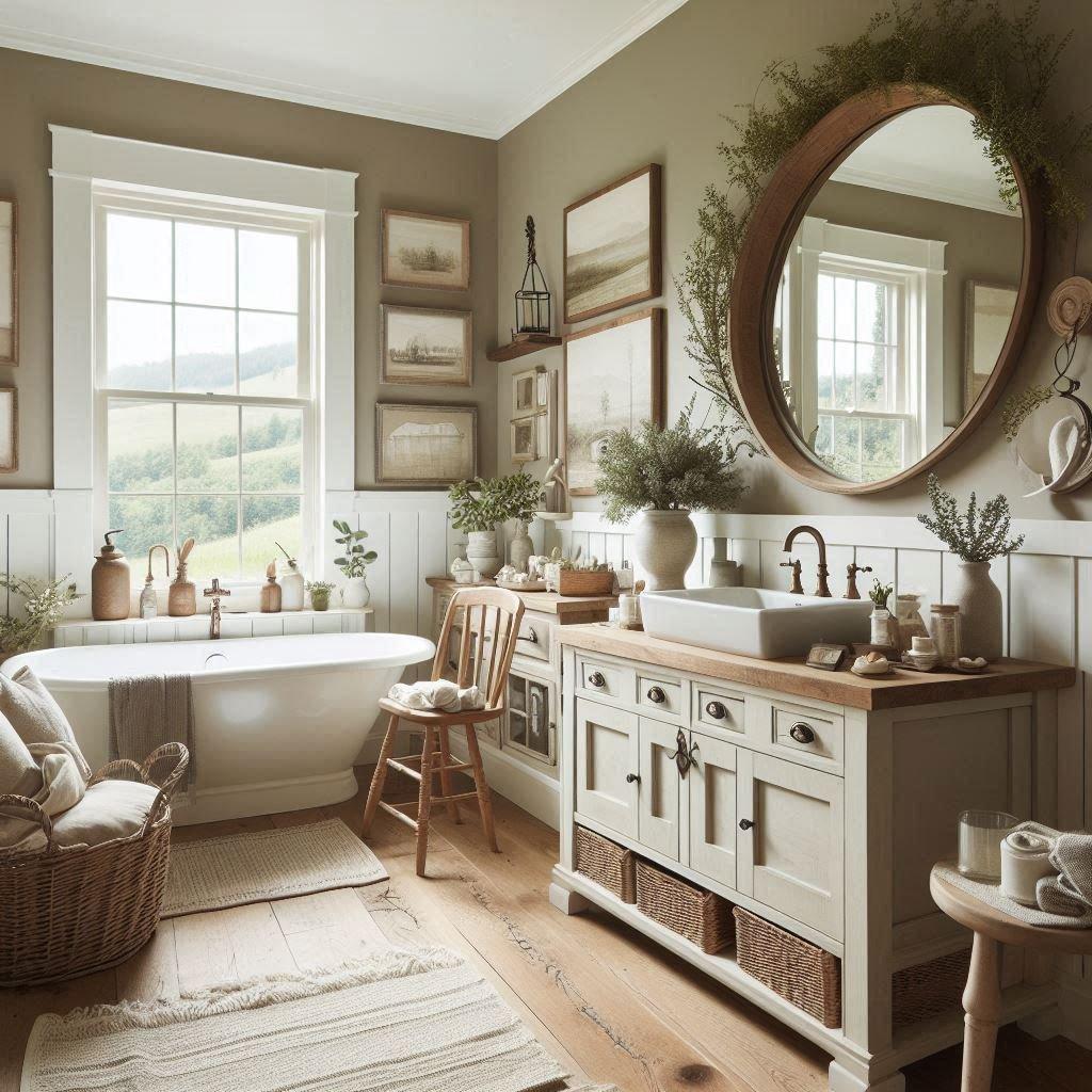 Select a neutral‌ color palette to promote serenity in your farmhouse bathroom