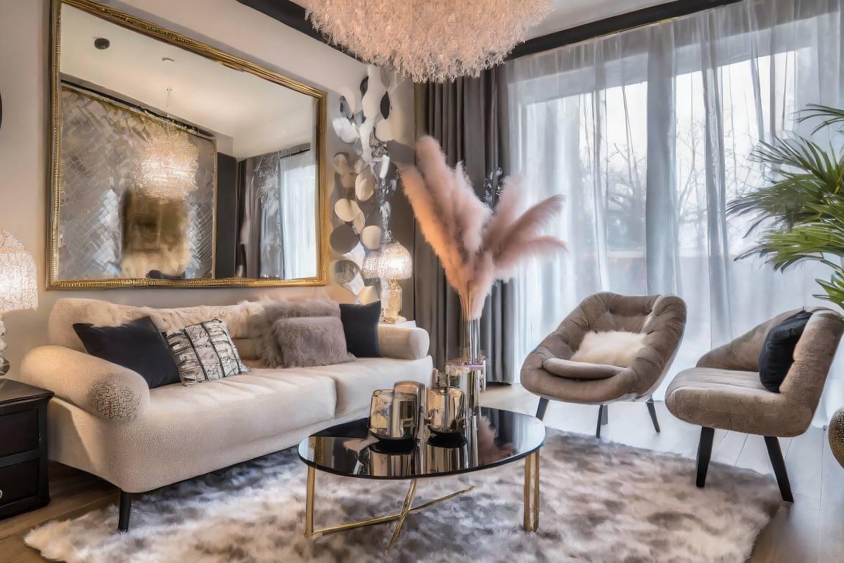 Glam Living Room: Shimmering textiles ⁢and decadent accessories elevate any space