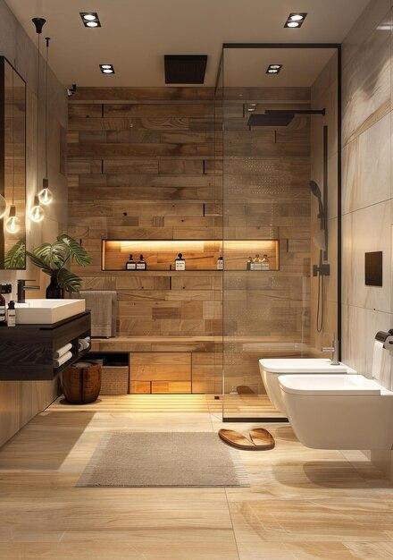 Embrace nature with ⁤a‌ sleek wooden bathroom featuring warm tones and modern‌ design