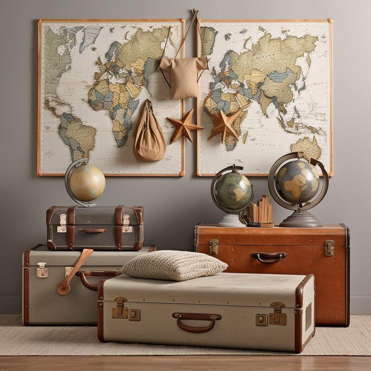 Vintage Travel Nursery⁤ showcasing ⁢maps and suitcases from ⁢around the⁣ world