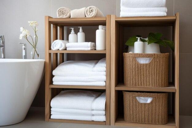 Choose stylish wooden storage baskets for organization in your wooden bathroom