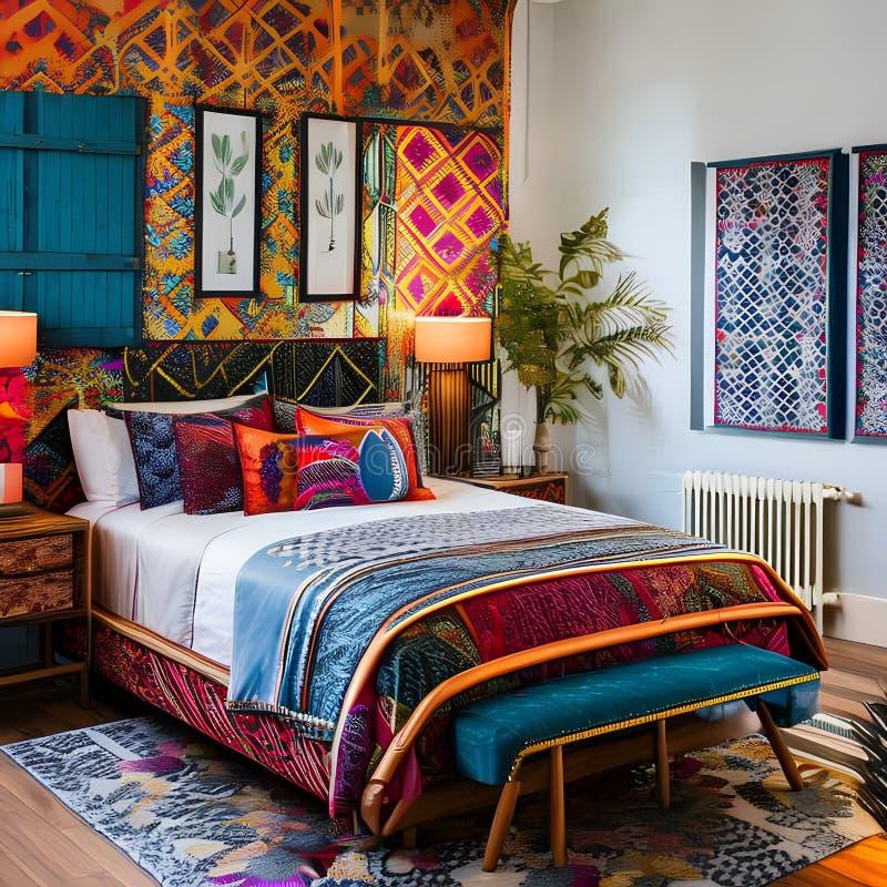 Bohemian Bedroom: Layered textiles and vibrant patterns create a free-spirited vibe