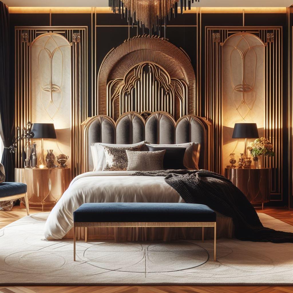 Art Deco Bedroom: Bold geometric patterns and rich colors add sophistication