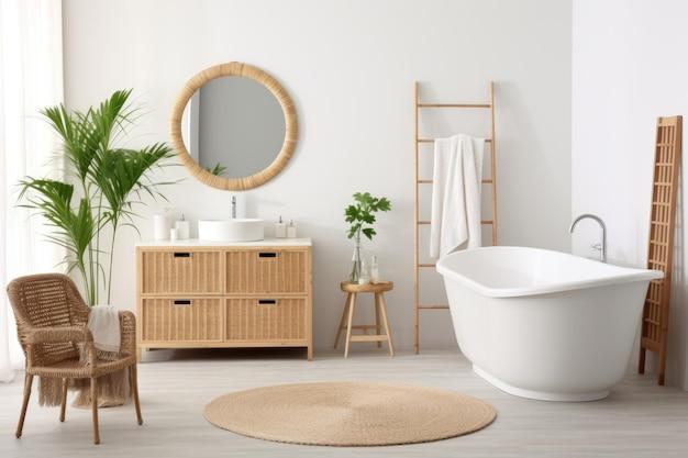 Integrate rattan furniture for a chic touch in your boho bathroom